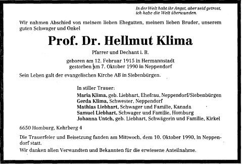 Klima Hellmut 1915-1990 Todesanzeige